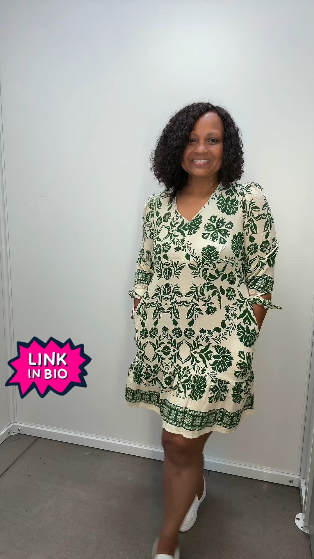 This printed mini dress features a flattering V-neckline with delicate lace-trim detailing and 3/4 sleeves finished with adjustable tie cuffs for added charm. The relaxed A-line silhouette falls into a softly tiered hem, giving the dress a breezy, feminine drape. Lightweight and comfortable, it's perfect for warm-weather days, casual outings, or easy vacation dressing! #affordablefashionable #walmart

#LTKootd #LTKOver40 #LTKMidsize