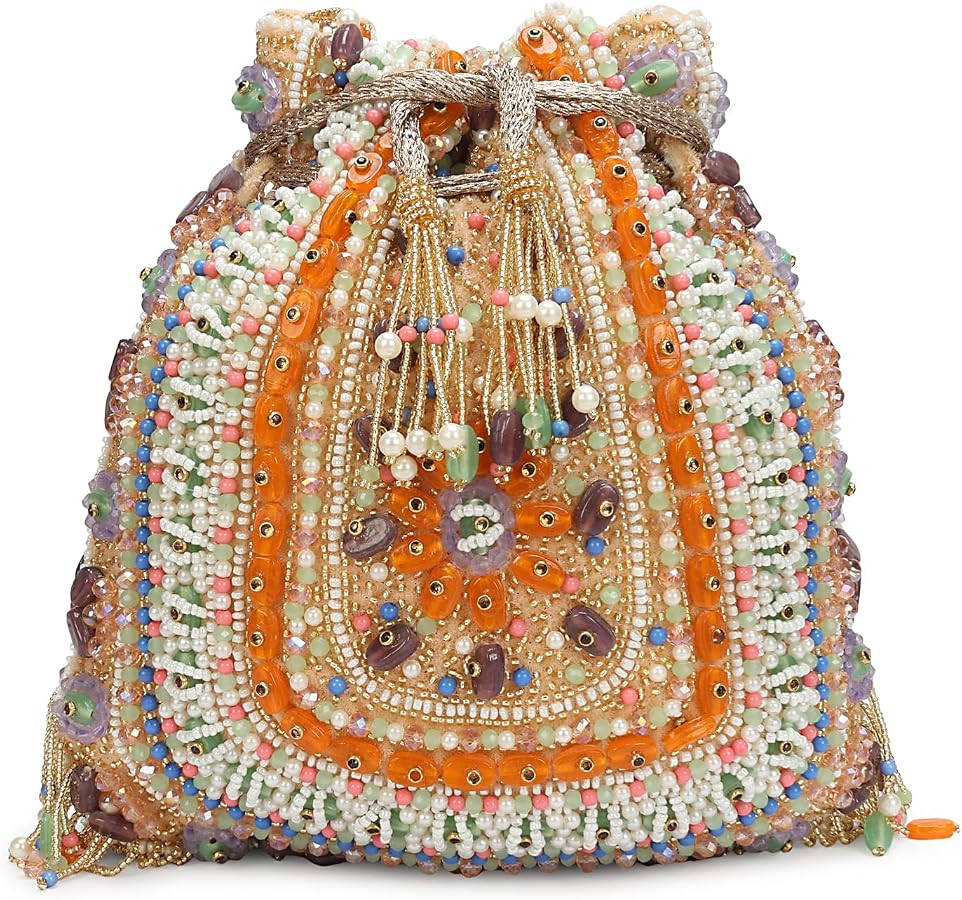 LONGING TO BUY Beaded Potli Bag for Women, Multicolor, Drawstring Wristlet with Pearl Fringe, Pot... | Amazon (US)