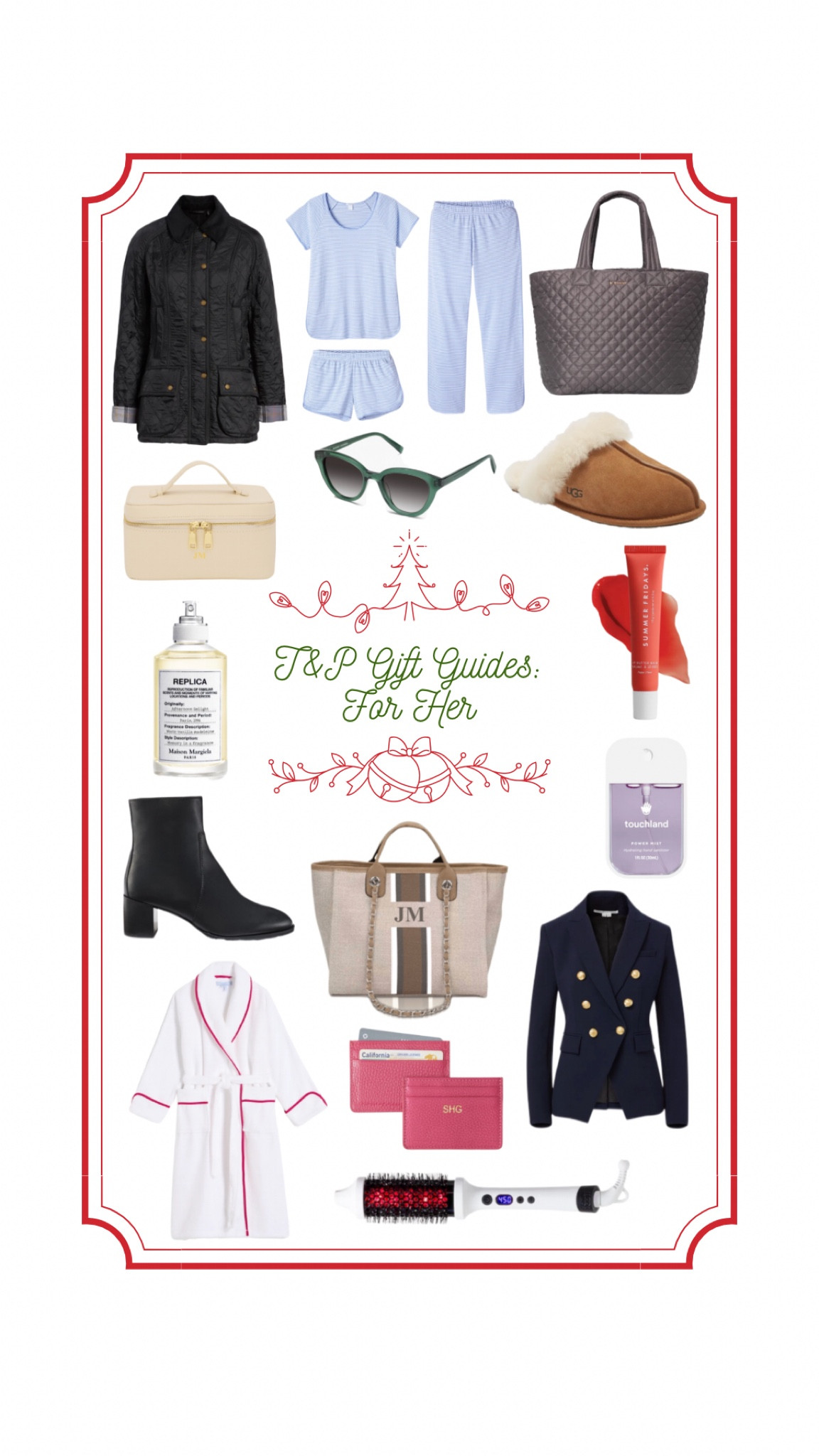 Gift guide for her, gifts for her, gifts for girlfriend, gifts for wife, gifts for fiancé, gifts under $25, gifts under $50, gifts under $100, luxury gifts, Barbour jacket, Barbour coat, lake pyjamas, gifts for bride, fluffy robe, Mz Wallace, travel bag, tote bag, work bag, carry on bag, gifts for the working girl, gifts for the traveler, ugg slippers, cat eye sunglasses, warby Parker, makeup case, makeup bag, summer Fridays, lip balm, lip gloss, hand sanitizer, little luxuries, replica perfume, beauty gifts, gifts for the beauty lover, Sephora, Sephora gifts, black ankle boots, black booties, customizable tote, lily & bean, Veronica beard, navy blazer, navy double breasted blazer, card holder, thermal curling brush, hair tool, beauty tool

#LTKSeasonal #LTKGiftGuide #LTKHoliday