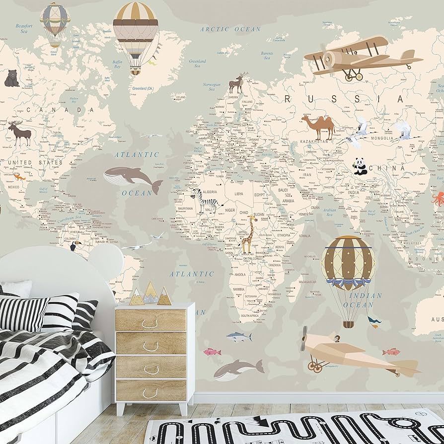 Kids Room Wallpaper – World Map Wallpaper with Animals - Nursery Wallpaper Peel and Stick – K... | Amazon (US)