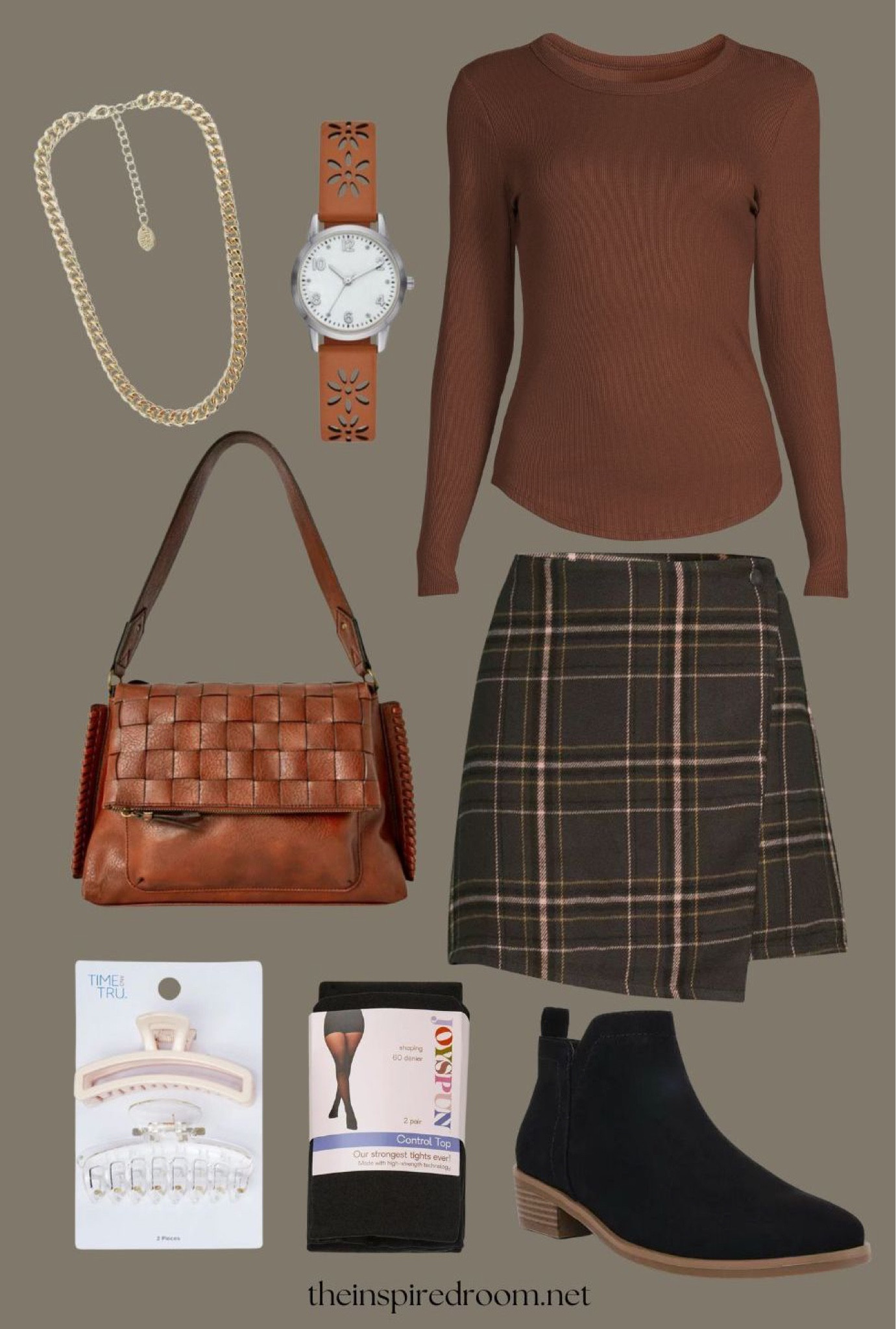 Cozy holiday outfit all from @walmartfashion #ad - So cute, affordable, and versatile! Plaid flannel faux wrap skirt, super soft ribbed tee that comes in multiple colors, the coziest black ankle boots, high waisted tights, gold chain necklace, watch, claw clips 

#LTKHoliday #LTKSeasonal #LTKstyletip