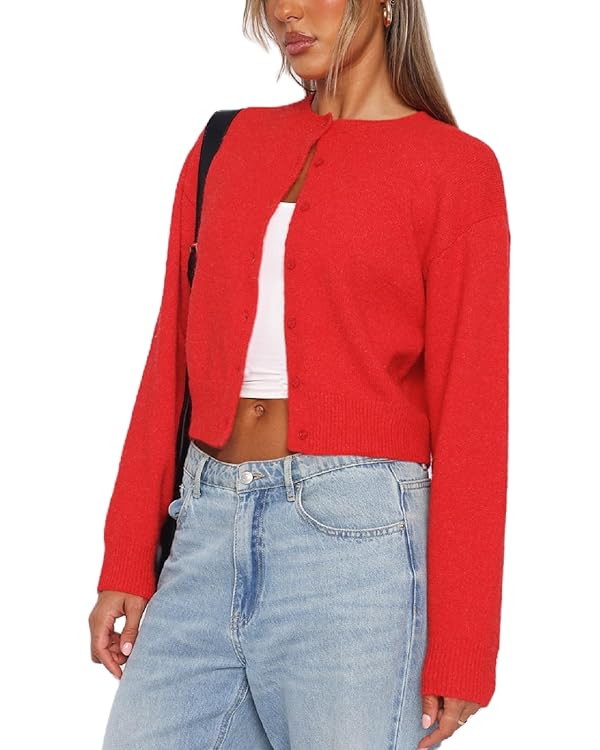 Y2K Cardigan Sweaters for Women Open Front Button Down Crop Cardigans Crewneck Long Sleeve Casual... | Amazon (US)