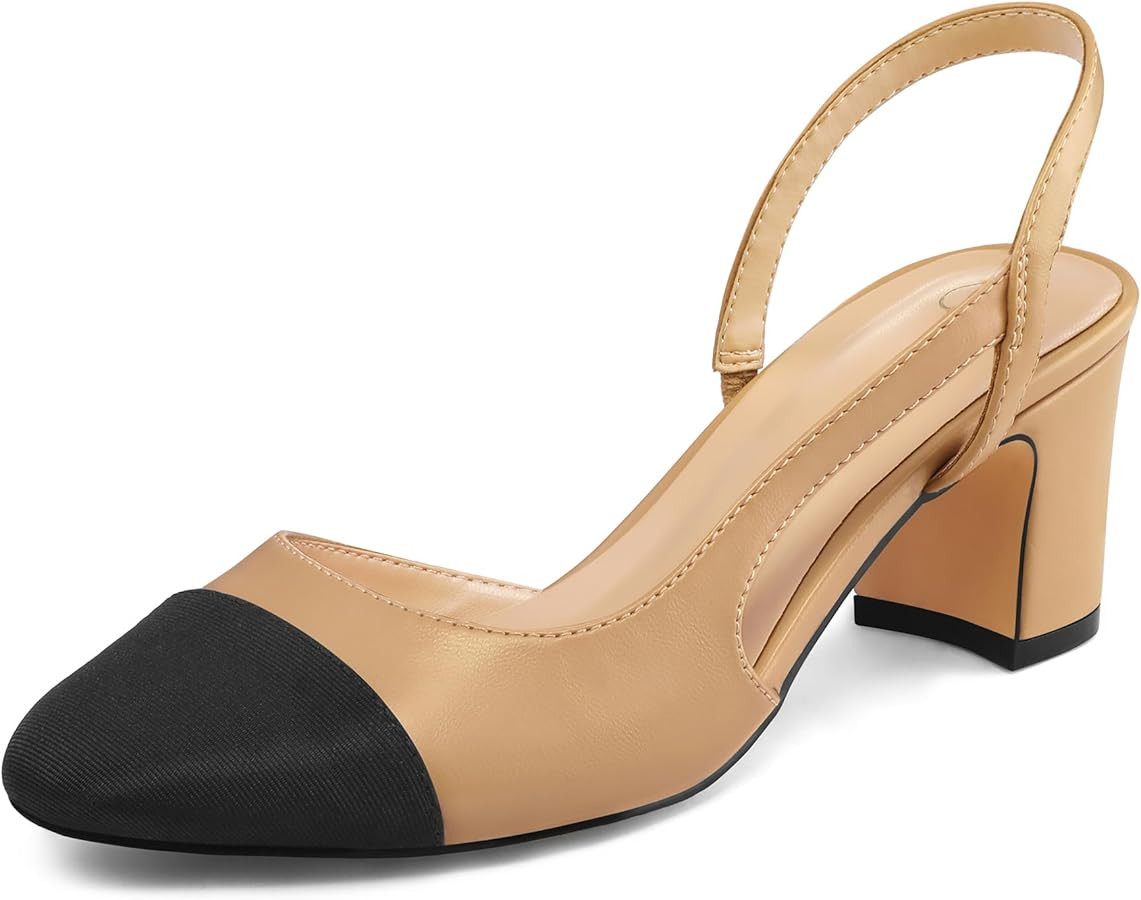 Women's Splicing Closed Round Toe Slingback Pumps 2.5 Inch Chunky Block Heels Casual Dress Shoes | Amazon (US)