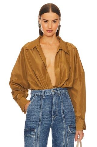Norma Kamali Oversized Boyfriend Shirt Bodysuit in Woods from Revolve.com | Revolve Clothing (Global)