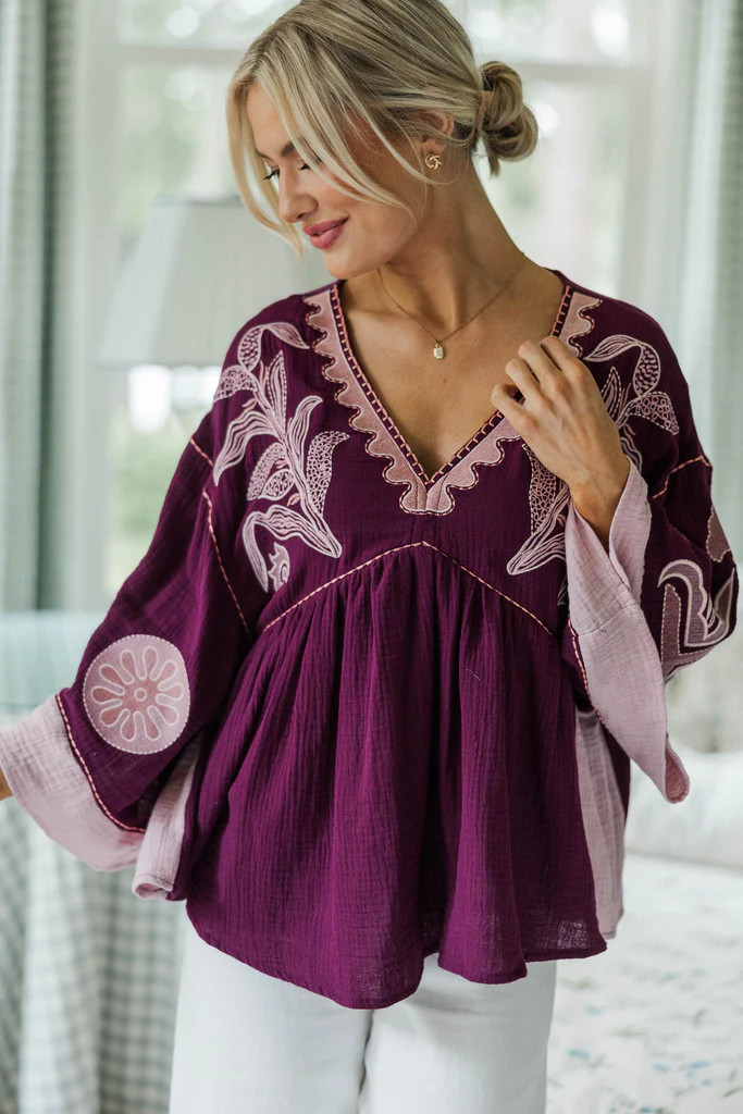 NURSING COLLECTION: Work On It Plum Printed Blouse | The Mint Julep Boutique