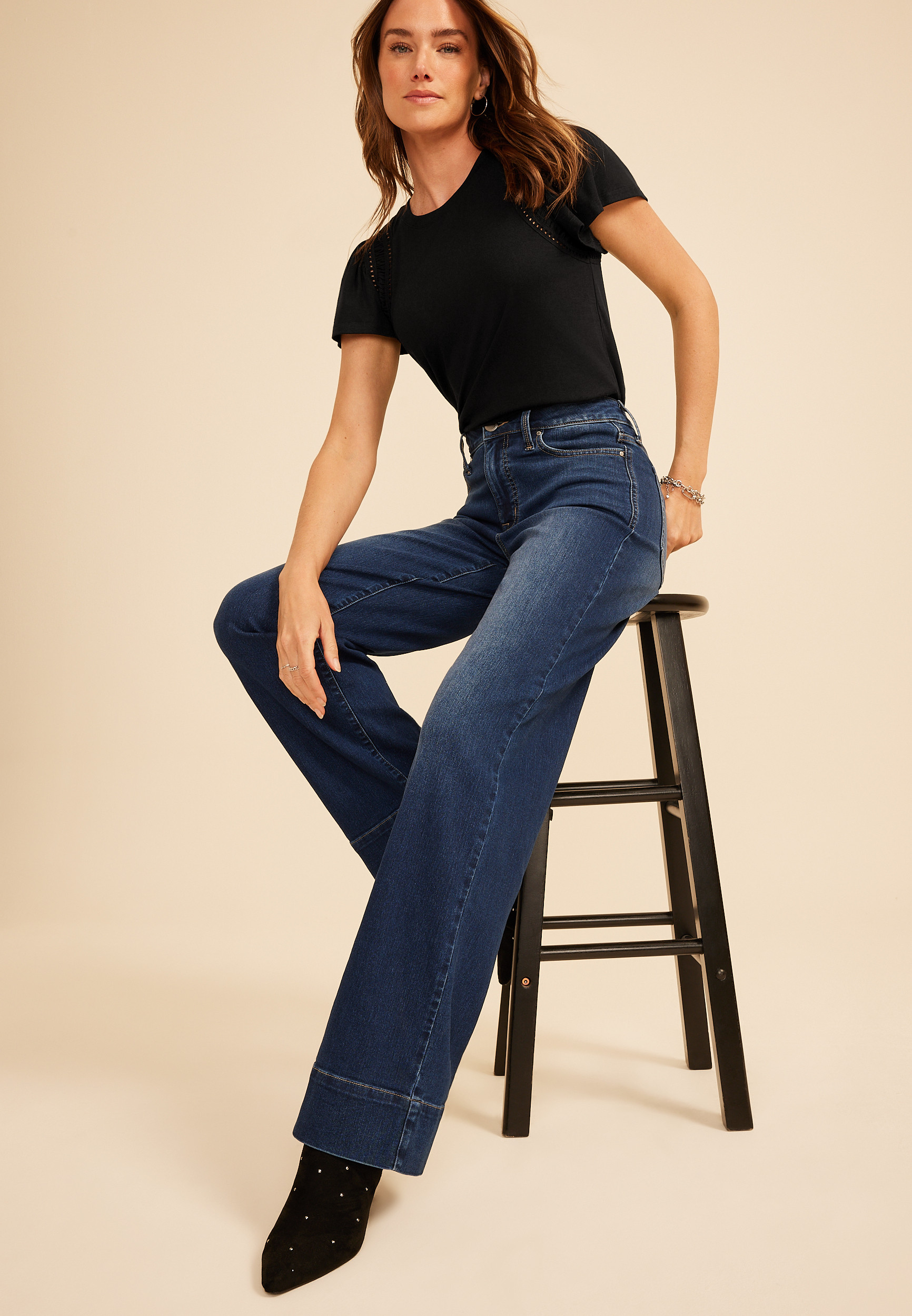 Maurices Women's Everflex Dark High Rise Tall Hem Wide Leg Jeans | Maurices