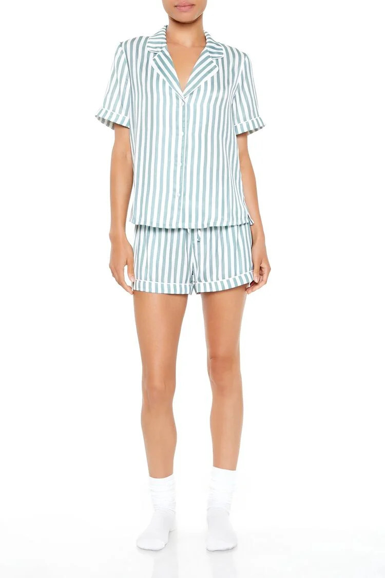 Women's Striped Shirt & Shorts Pajama Set in Ivory, XS | Forever 21