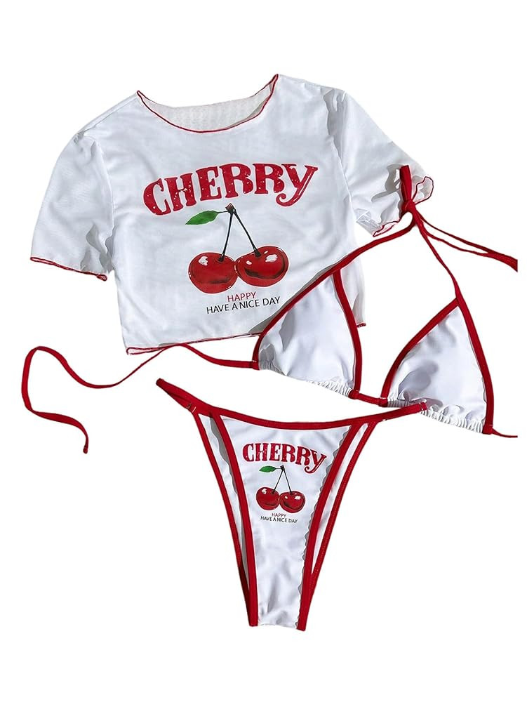 Verdusa Women's 3 Piece Cheeky Halter Bikini Set Tie Back String Swimsuit with Cover Up Tops | Amazon (US)