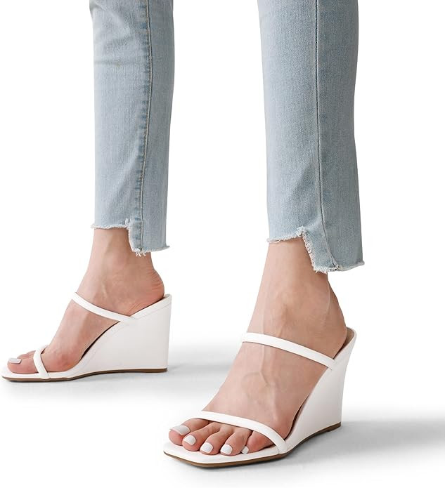 DREAM PAIRS Women's Slides Wedge Sandals Two Strap Square Open Toe Dress Shoes | Amazon (US)