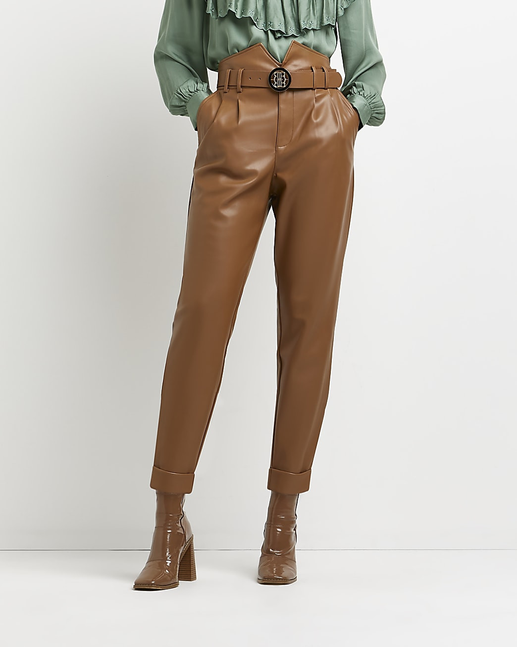 River Island Womens Brown faux leather tapered pants | River Island (US)