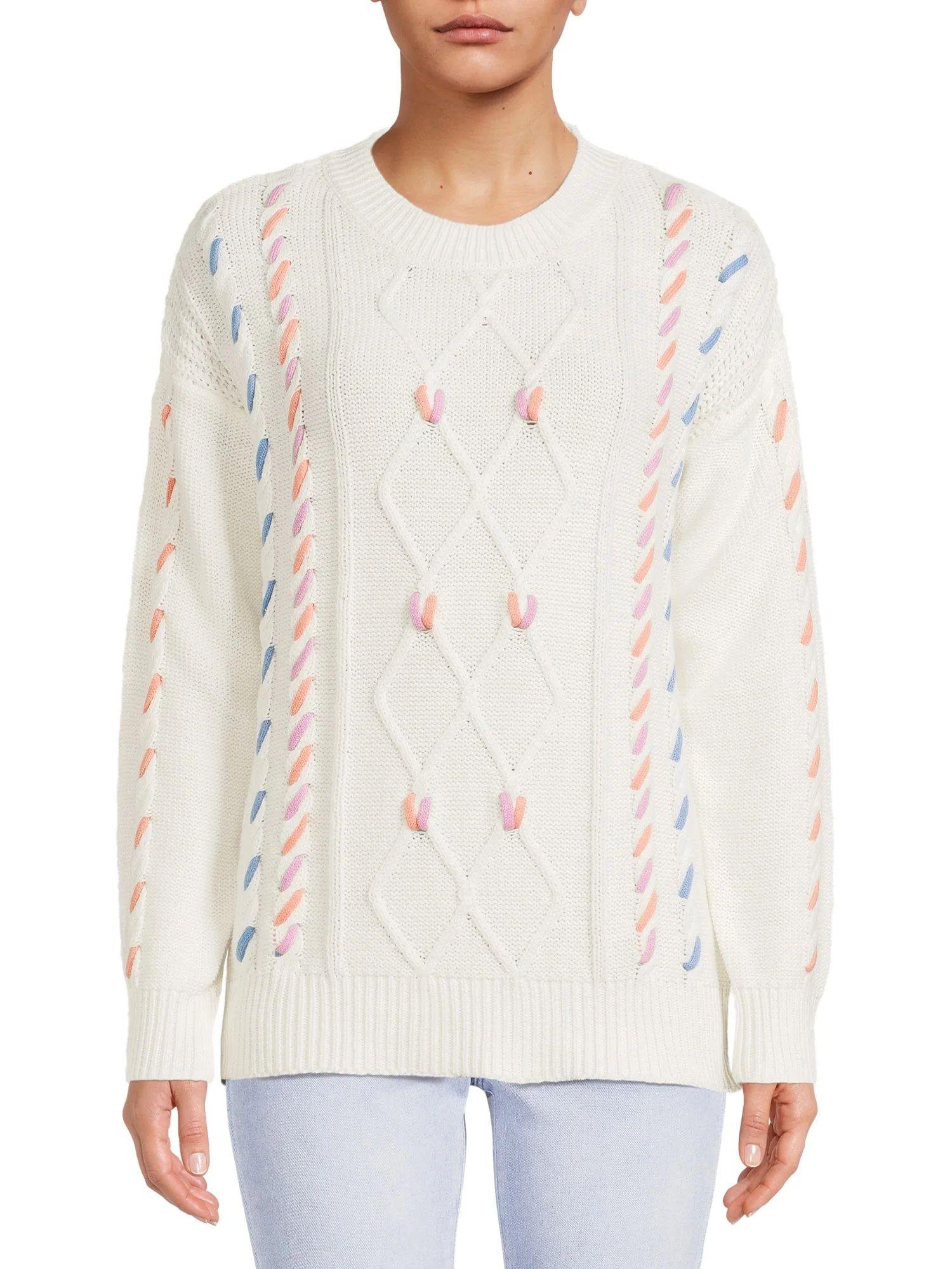 Time and Tru Women's Long Sleeve Crewneck Embroidery Sweater | Walmart (US)