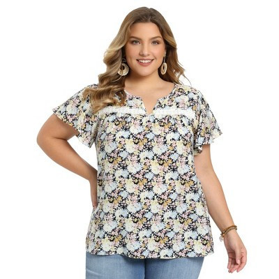 Women's Plus Size Floral Printed Lace Trim Notch Neck Ruffle Sleeve Summer Blouse - GRACE & GRANDEUR 1X Black | Target
