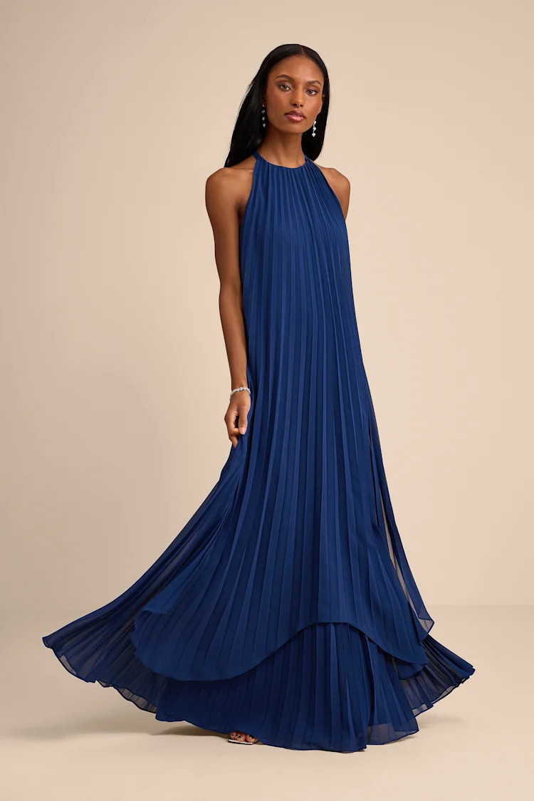 Dorala Dark Blue Pleated Lace-Up Tiered Maxi Dress | Lulus
