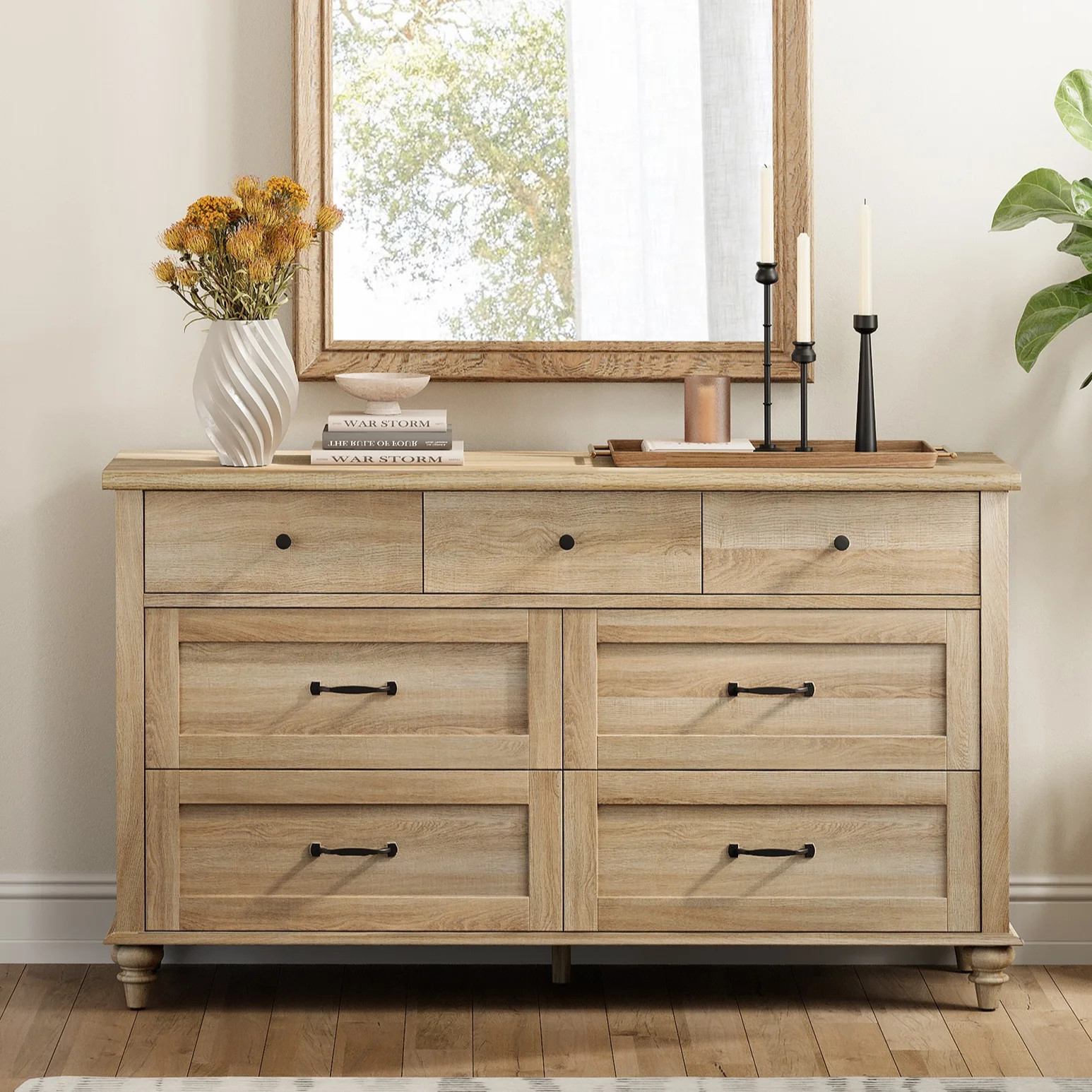 Oak 7 Drawer Dresser for Bedroom, Wooden Chest of Drawers for Living Room - Walmart.com | Walmart (US)
