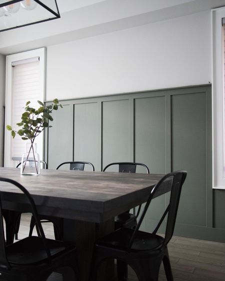 My moody modern organic dining room with muddy green board and batten, solid wood trestle dining table and matte black metal dining chairs. I designed and built this table but have linked similar options. Tutorial for table build is on the blog olidesignhouse.com

#LTKstyletip #LTKFind #LTKhome