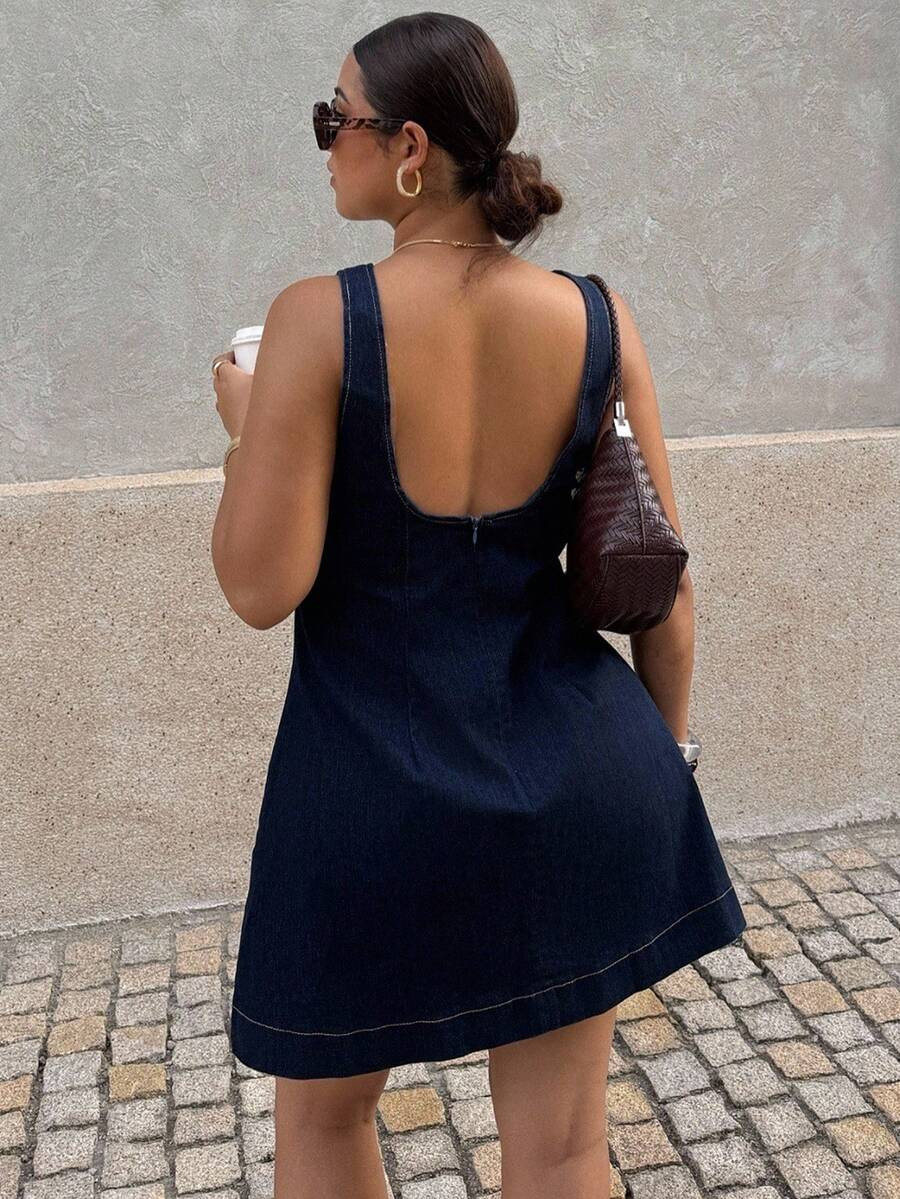 Dripcurv Plus-Size Women's Navy Blue All-Season Backless Sleeveless Casual Denim Dress, Vintage S... | SHEIN