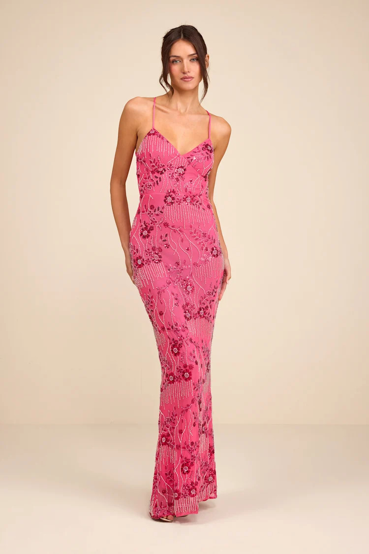 Arella Hot Pink Beaded Sequin Laxe-Up Maxi Dress | Lulus