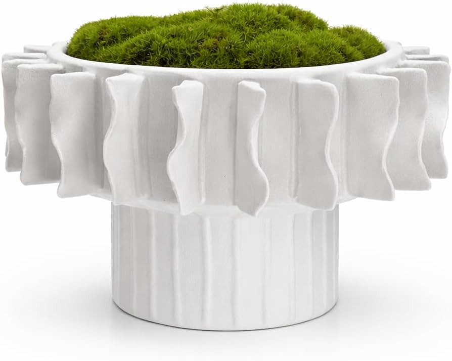 Ribbed Pedestal Moss Bowl | 9 Inch Textured White | Artificial Moss Centerpiece | Modern Decorati... | Amazon (US)
