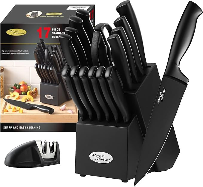 Marco Almond® Kitchen Knife Set with Block and Sharpener MA23, 17 Pieces Knife Block Set Stainle... | Amazon (US)