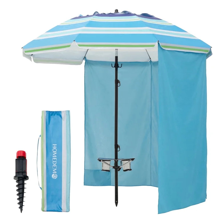 HOMEDEMO Heavy Duty Windproof Beach Umbrella with Curtain, 7FT Beach Umbrella with Large Sand Anc... | Walmart (US)