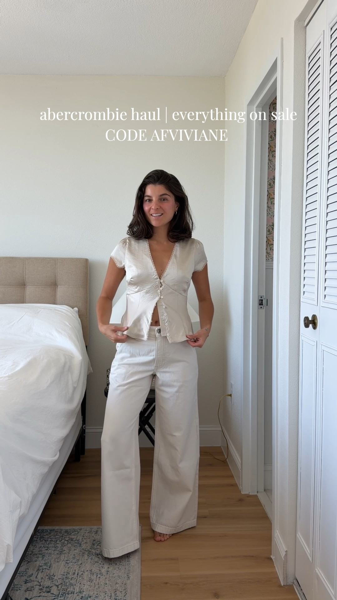 [3/27/26] code AFVIVIANE for 15% off your order | recent spring haul from @abercrombie that’s bump-friendly. I am currently 16 weeks pregnant and 5’2” for reference! 

• Lace and Satin Slip Cami - small
• Slim Satin Short-Sleeve Blouse - xs but could’ve sized up to small
• High Rise Wide Leg Trouser Jean - 26 regular, but could’ve sized up once
• Bra-Free Smocked Drop-Waist Maxi Dress, unfortunately no longer available in this color but 4 other spring colors available, wearing xs petite 
• Button Throufh Lace Trim Tank + 100% Cotton Pull-On Shorts (white and black), wearing small in both 
• YPB Double-Layered Jumpsuit, so comfy wearing a small and def could size down to xxs
• Smocked Sleep Set - small in top + bottom 

#LTKBump #LTKSaleAlert #LTKPetite