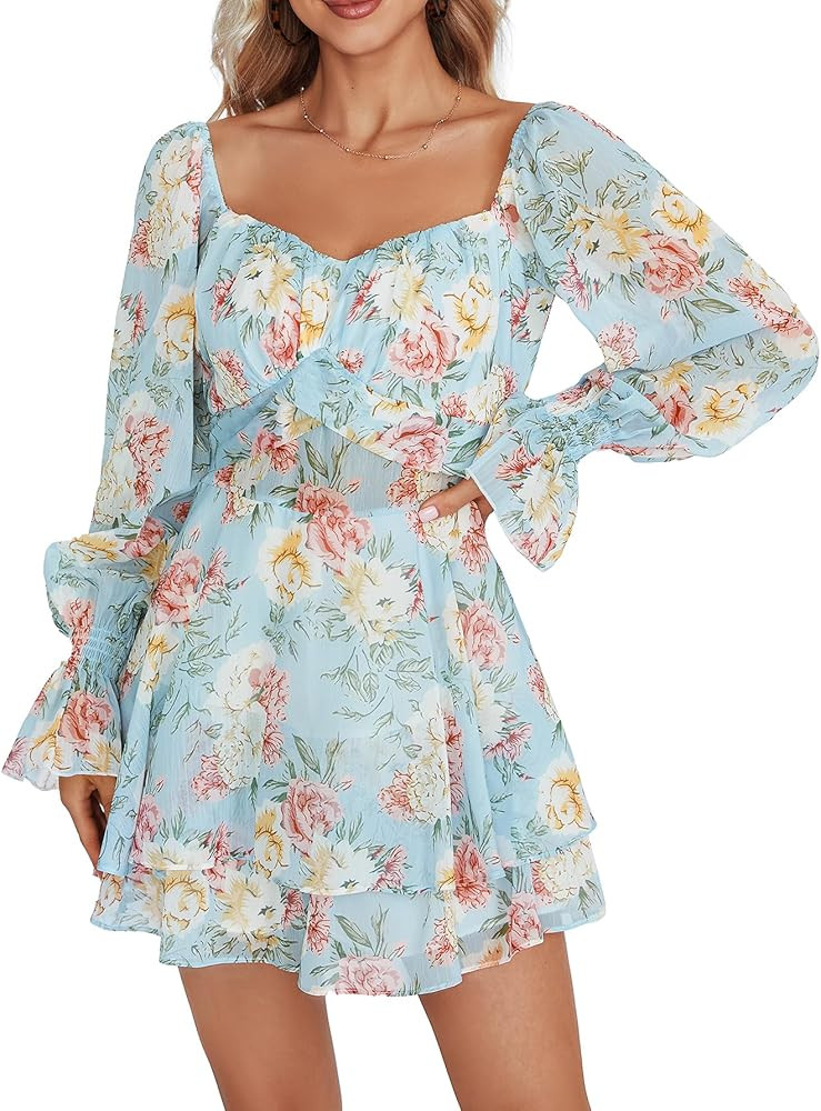 LYANER Women's Floral Print Off Shoulder Long Sleeve Ruffle Hem Romper Short Jumpsuit | Amazon (US)
