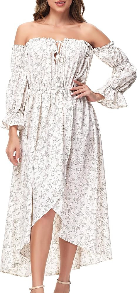 Anna-Kaci Womens Casual Floral Print Boho Long Sleeve Off Shoulder Renaissance Peasant Dress | Amazon (US)