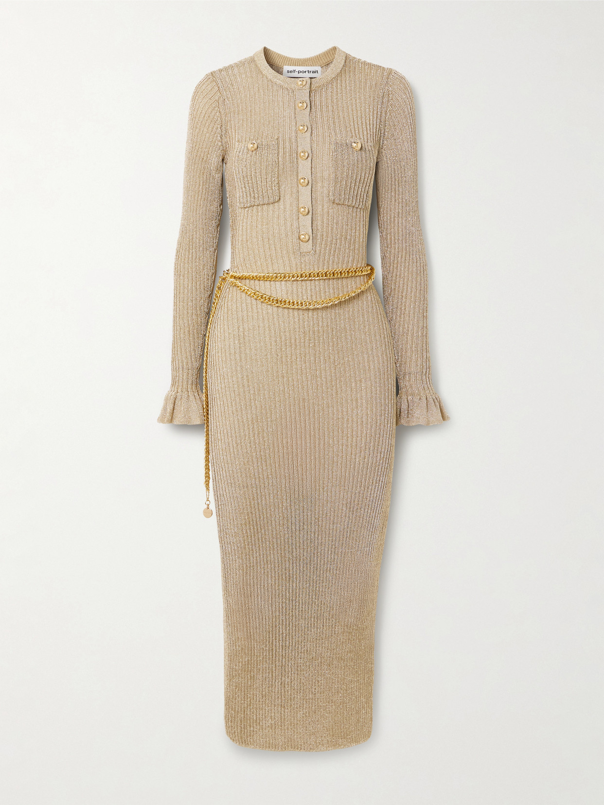 Self-Portrait - Belted Ruffled Metallic Ribbed-knit Midi Dress - Gold | NET-A-PORTER (US)