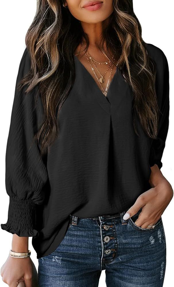 Dokotoo Womens Dressy Casual Tops Business Work Blouses 3/4 Sleeve V Neck T-Shirts Loose Fit Basi... | Amazon (US)
