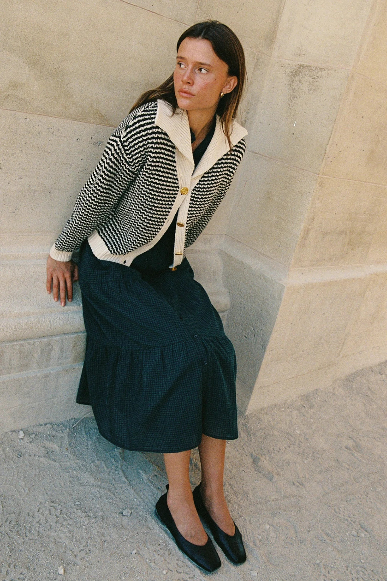 Savannah Cardigan Antique White & Black Stripe | TROVATA