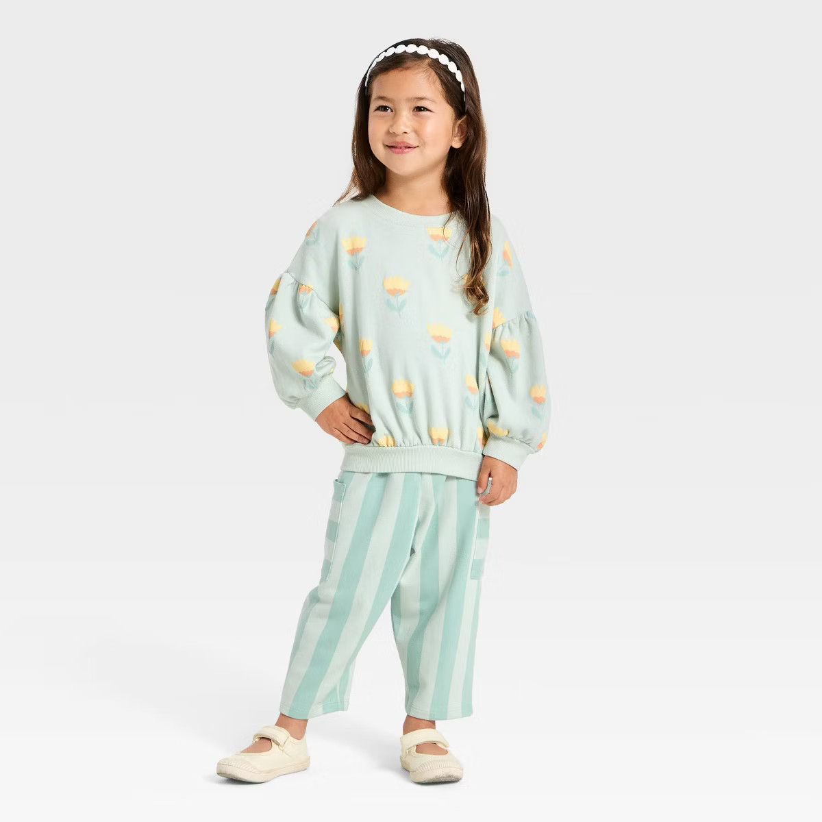 Toddler Girls' Flower Pullover Sweater and Pull-On Pants Set - Cat & Jack™ Mint Green | Target