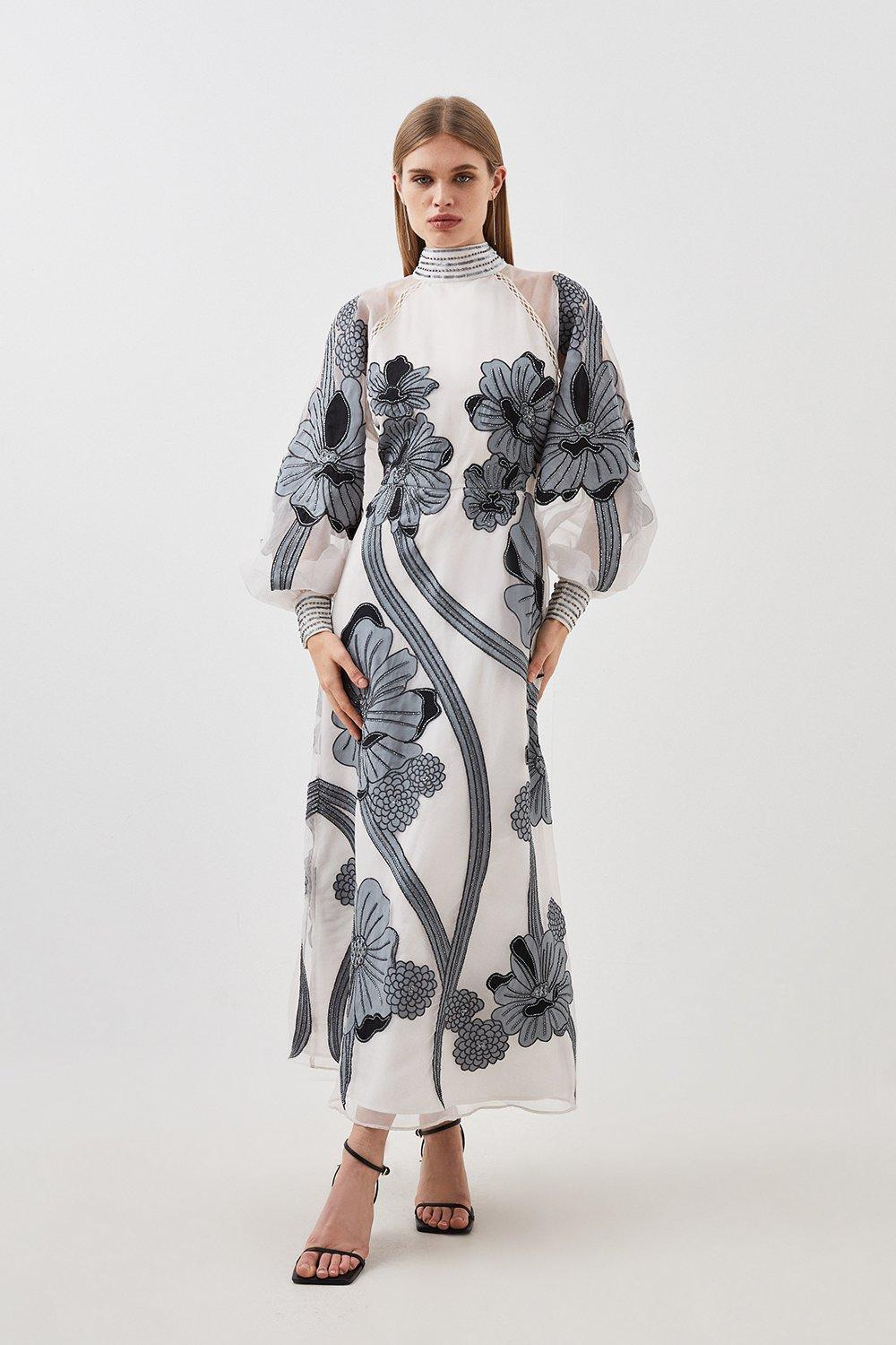 Applique Organdie Floral Graphic Woven Maxi Dress | Karen Millen US