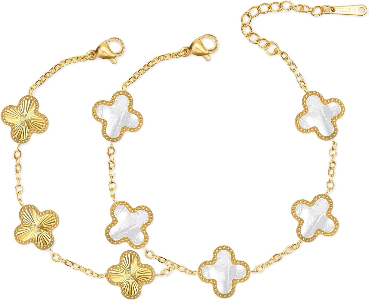 Unique 18K Gold Four Leaf Clover Bracelet for Women White Gold Lucky Link Clover Bracelets, Trend... | Amazon (US)