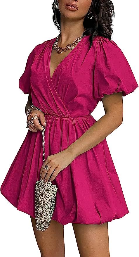 PRETTYGARDEN Women's Short Summer Dresses Casual Puffy Sleeve Wrap V Neck Ruffle Solid Color Flar... | Amazon (US)