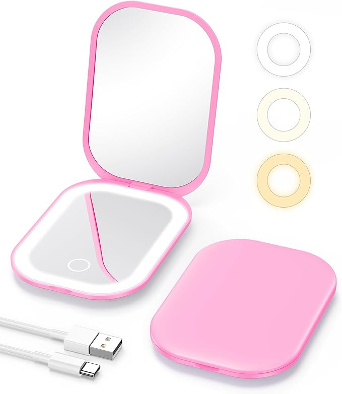 Gospire Lighted Compact Mirror with Light and Magnification 1X/3X, Stepless Dimming and Three-Col... | Amazon (US)