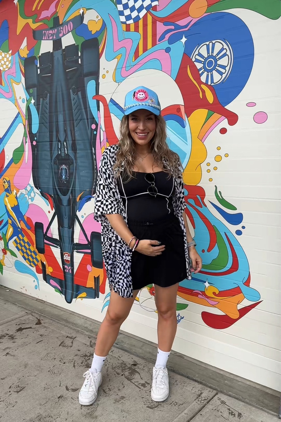 Perfect bump friendly race day / Memorial Day outfit! 🏁

Smalls in everything! 

Tank originally from Gold Hinge, linked similar tops and dresses 