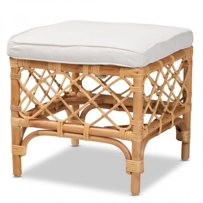 Baxton Studio Orchard Modern Bohemian White Fabric Upholstered and Natural Brown Rattan Ottoman | 1stopbedrooms