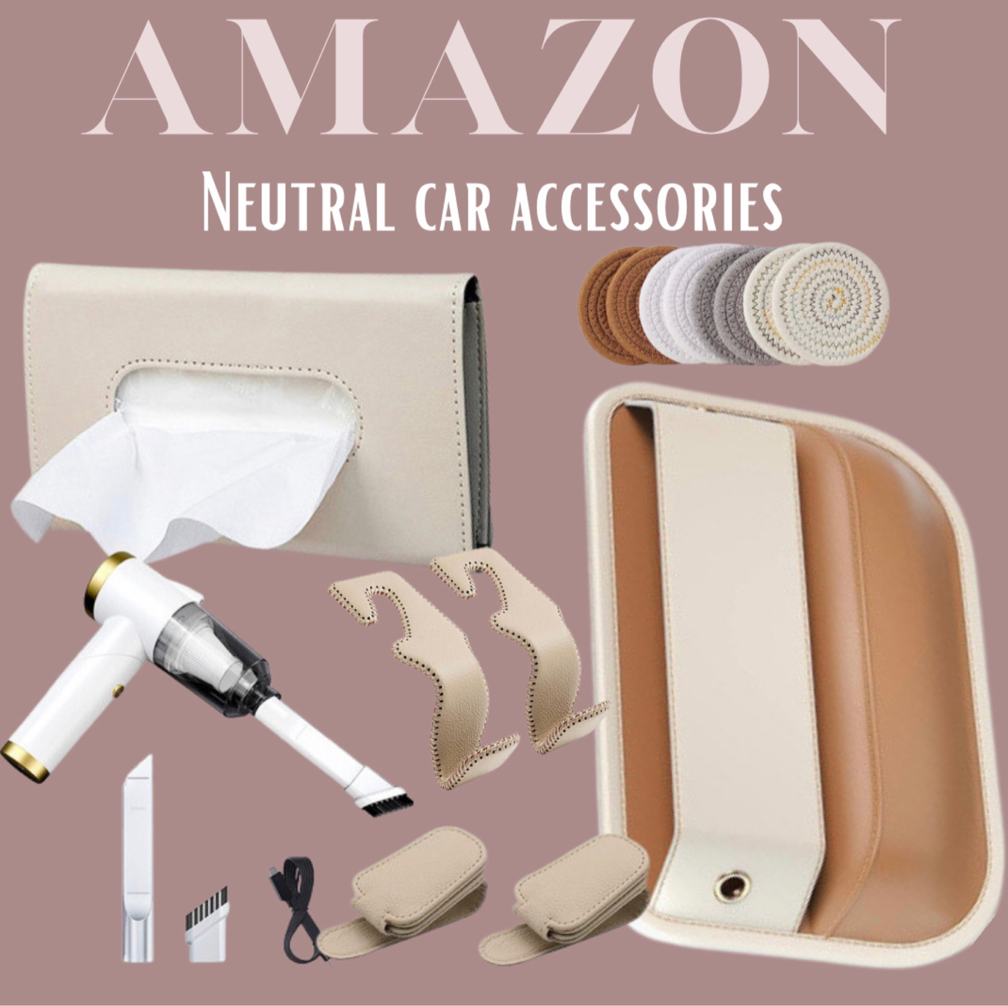 Neutral car accessories | AMAZON
Tissue holder for car
Neutral Kleenex holder
Neutral organizer for car 
Car organizer 
Hand held vacuum for car
Neutral car coasters
Neutral sunglasses clip
Neutral purse hook

#LTKhome #LTKFind