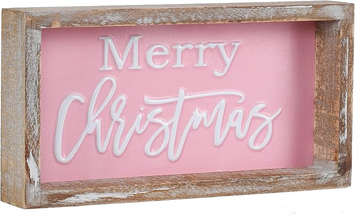 Pink Merry Christmas Sign, Wooden Christmas Signs for Table Desk Shelf Mantel Office, Rustic Chri... | Amazon (US)