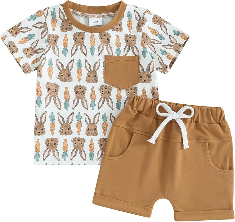 MoZiKQin Baby Boy Easter Outfit Bunny Short Sleeve T-shirt Top Checkered Shorts Set Toddler Boys ... | Amazon (US)