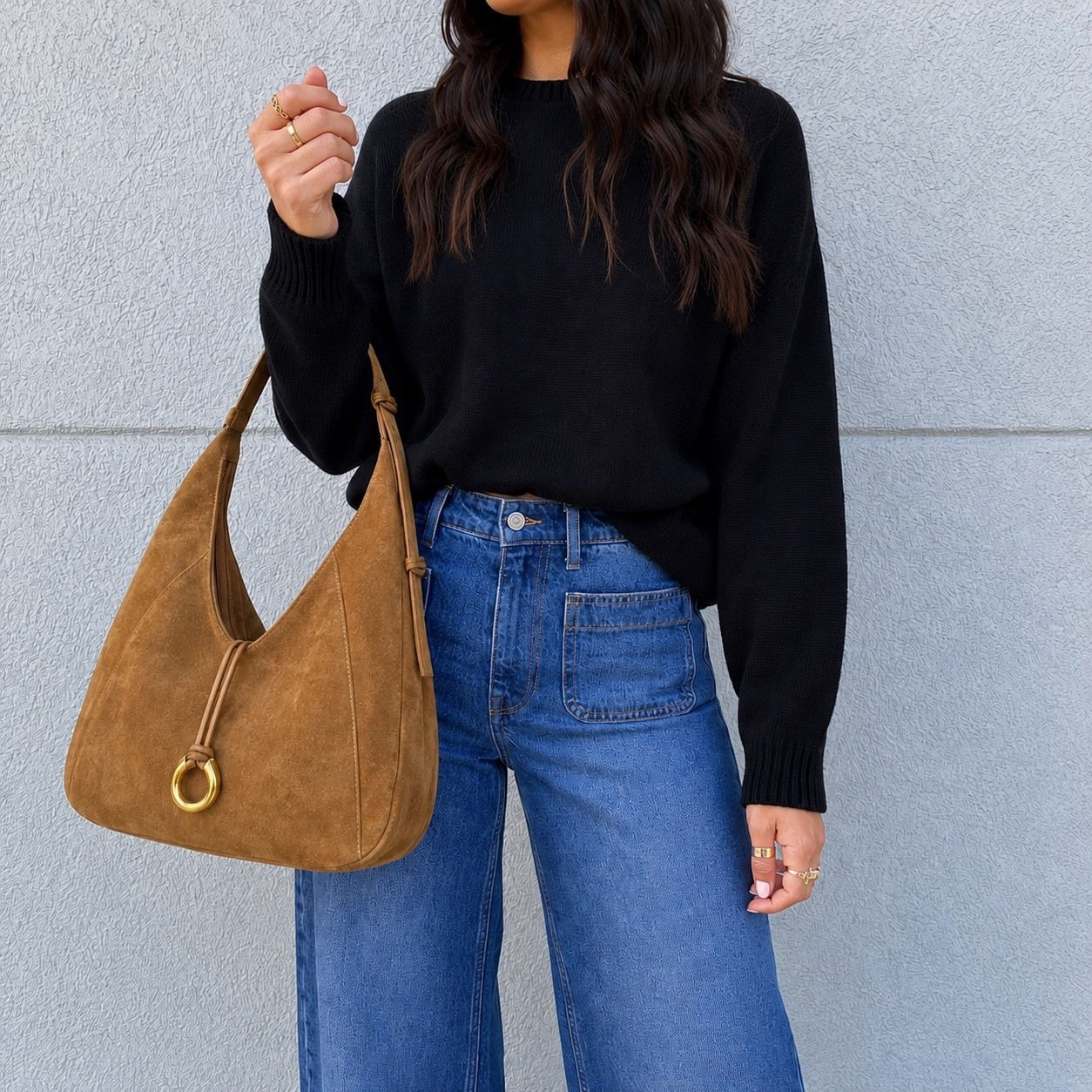Walmart sweater $20. Went up a size for the oversized look. Jeans from Walmart $30 wearing size 4