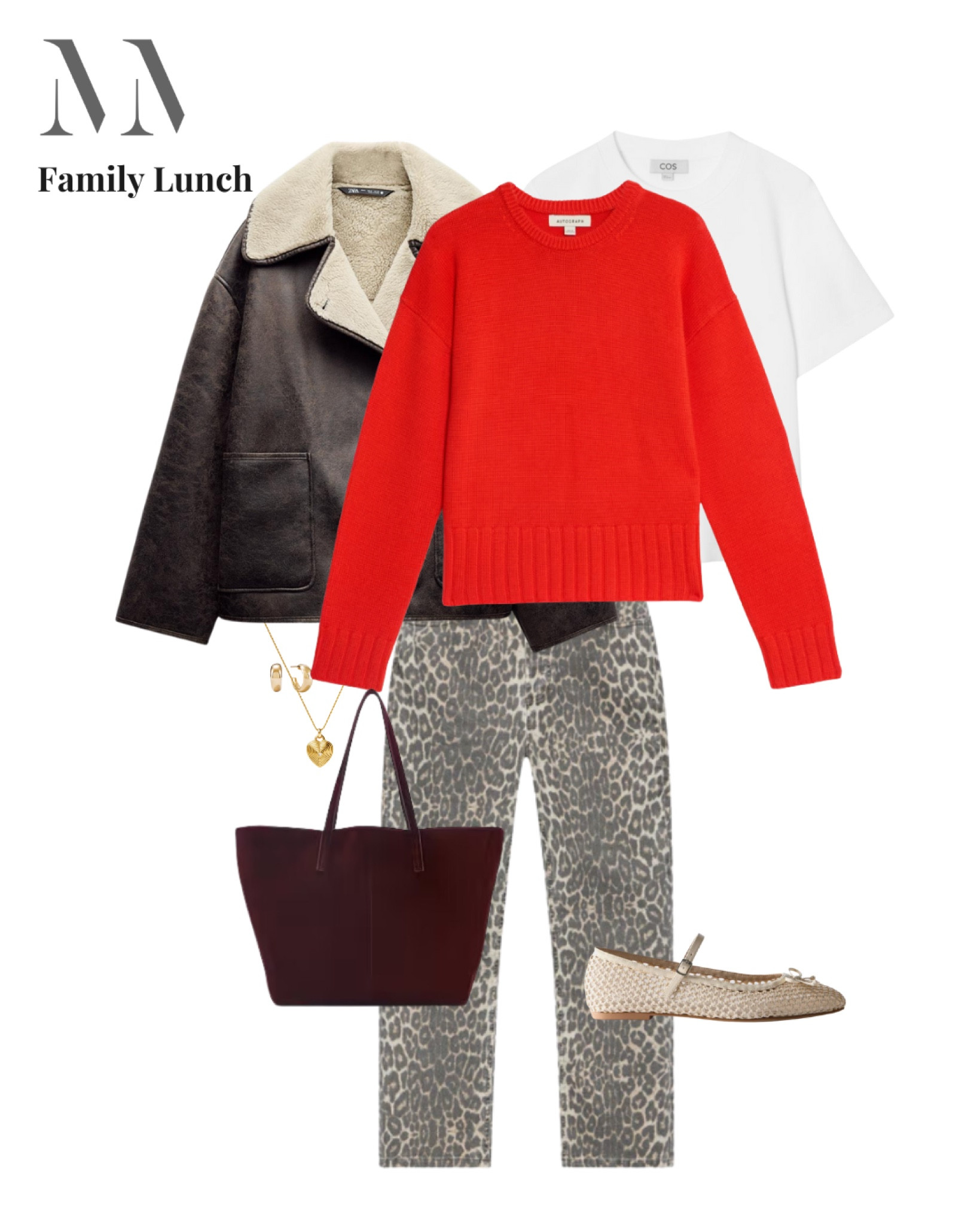Smart yet relaxed this family lunch look is all about statement pieces. The bold red jumper makes the leopard print trousers pop. A shearling jacket add warmth and texture while woven ballet flats keep it laid-back but polished.  Finish off with gold accessories and a burgundy tote to tie it all in. 

#LTKuk #LTKmidsize #LTKfamily