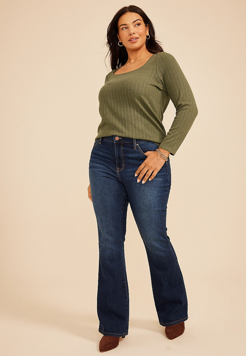 Plus Size Pointelle Square Neck Long Sleeve Tee | Maurices