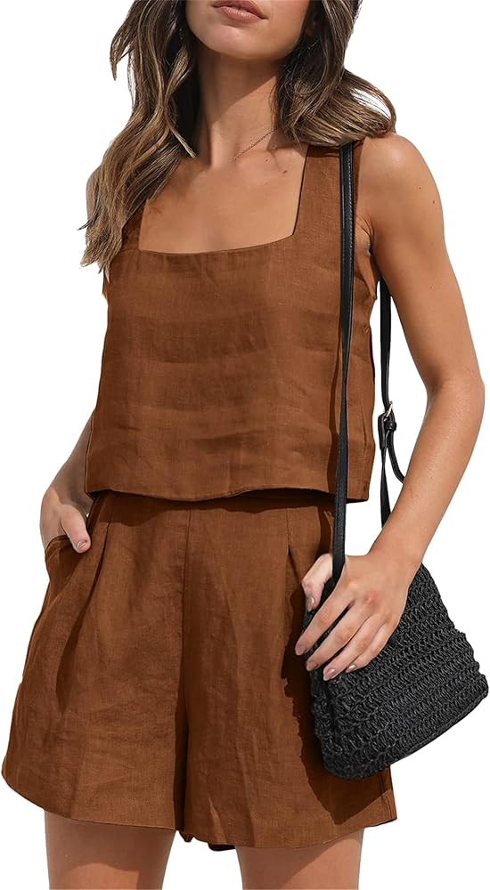MINTLIMIT Women Linen Shorts Sets 2 Piece Sleeveless Crop Tank Tops High Waist Lounge Shorts Loos... | Amazon (US)