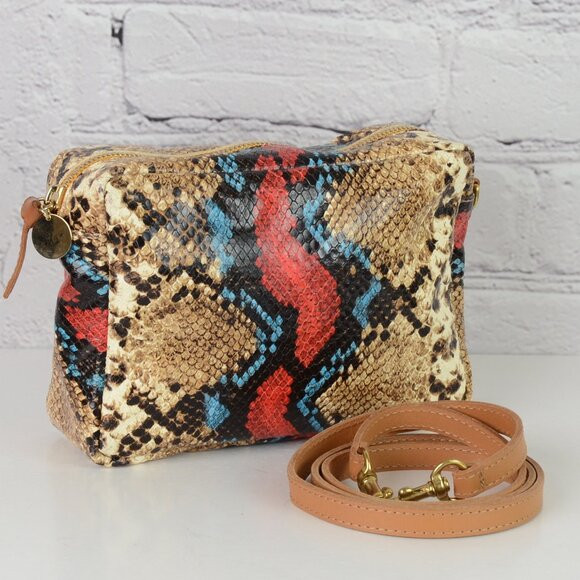 CLARE V Neutrals Snakeskin Print Leather Midi Crossbody Bag | Poshmark