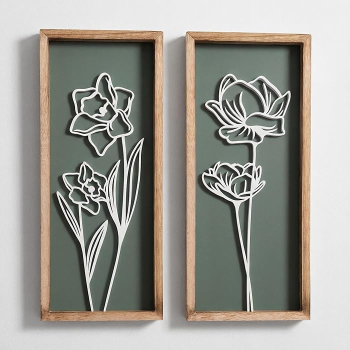 3D Floral Green Wall Art (Set of 2) Lightweight, Wooden Ready-to-Hang Boho Framed Wall Art for Ba... | Amazon (US)
