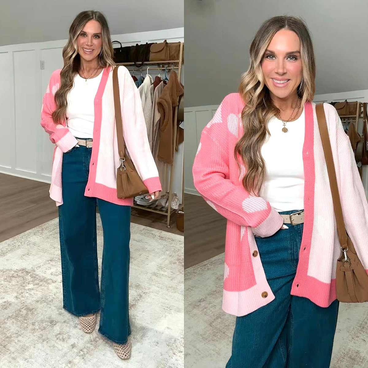 I'm loving this heart cardigan over my favorite tank top with built in shelf bra. It's so cozy and cute! I'm 5'6 140lbs wearing size M jeans, small top, shoes fit true to size - also linking a similar long sleeve top with built in bra. 

 #LTKValentine #LTKootd #LTKSeasonal