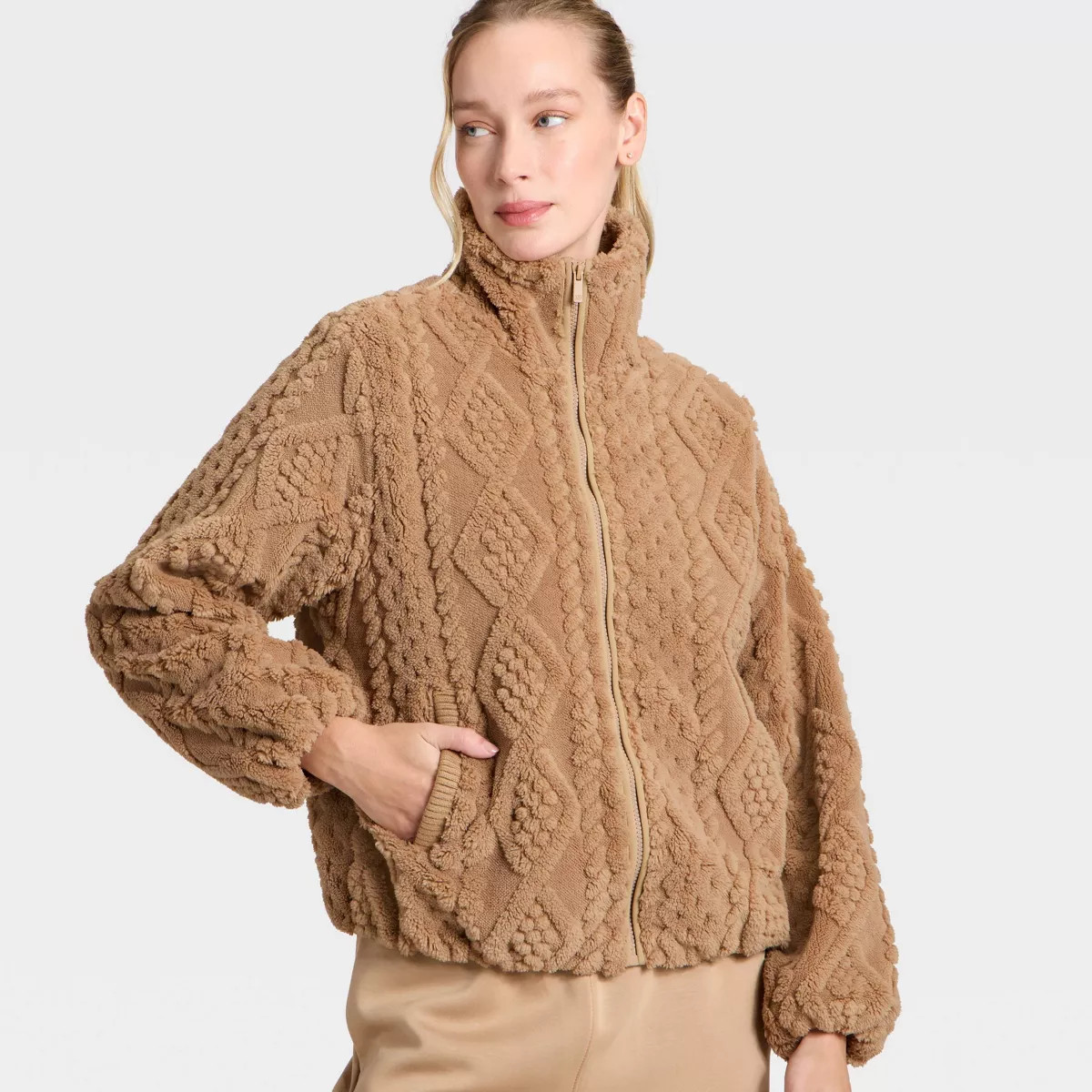 Women's Cable Knit Texture High Pile Fleece Jacket - All In Motion™ | Target