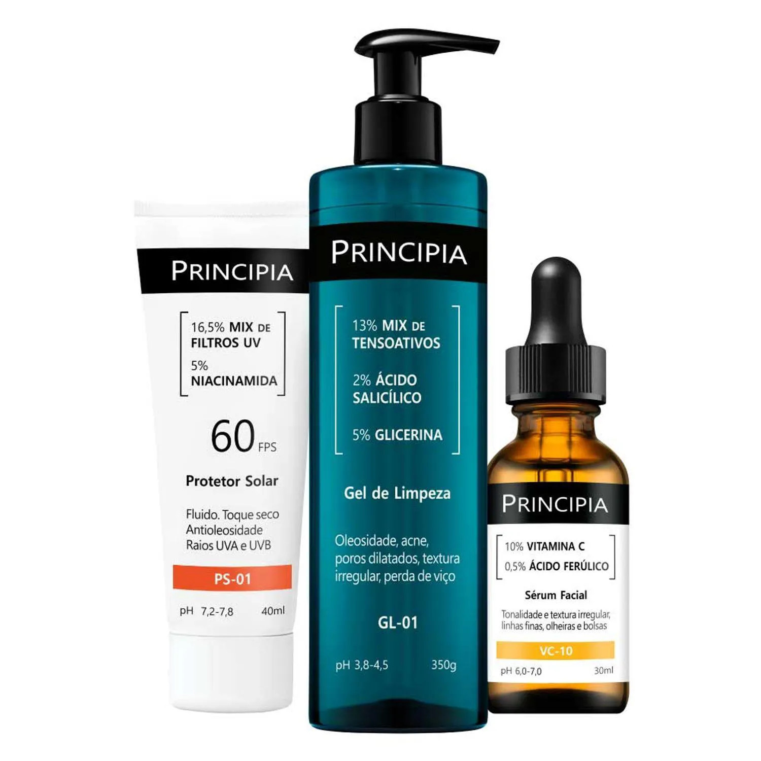 Kit Principia Anti-Acne (3 Produtos) - Gel De Limpeza Gl-01 350G + Sérum Vitamina C 30Ml + Protetor Solar Com Niacinamida 40Ml | DrogaRaia (BR)