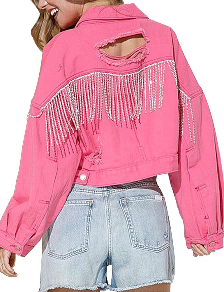 Womens Denim Jacket with Fringe Rhinestones Long Sleeve Distressed Ripped Denim Jackets with Pock... | Amazon (US)